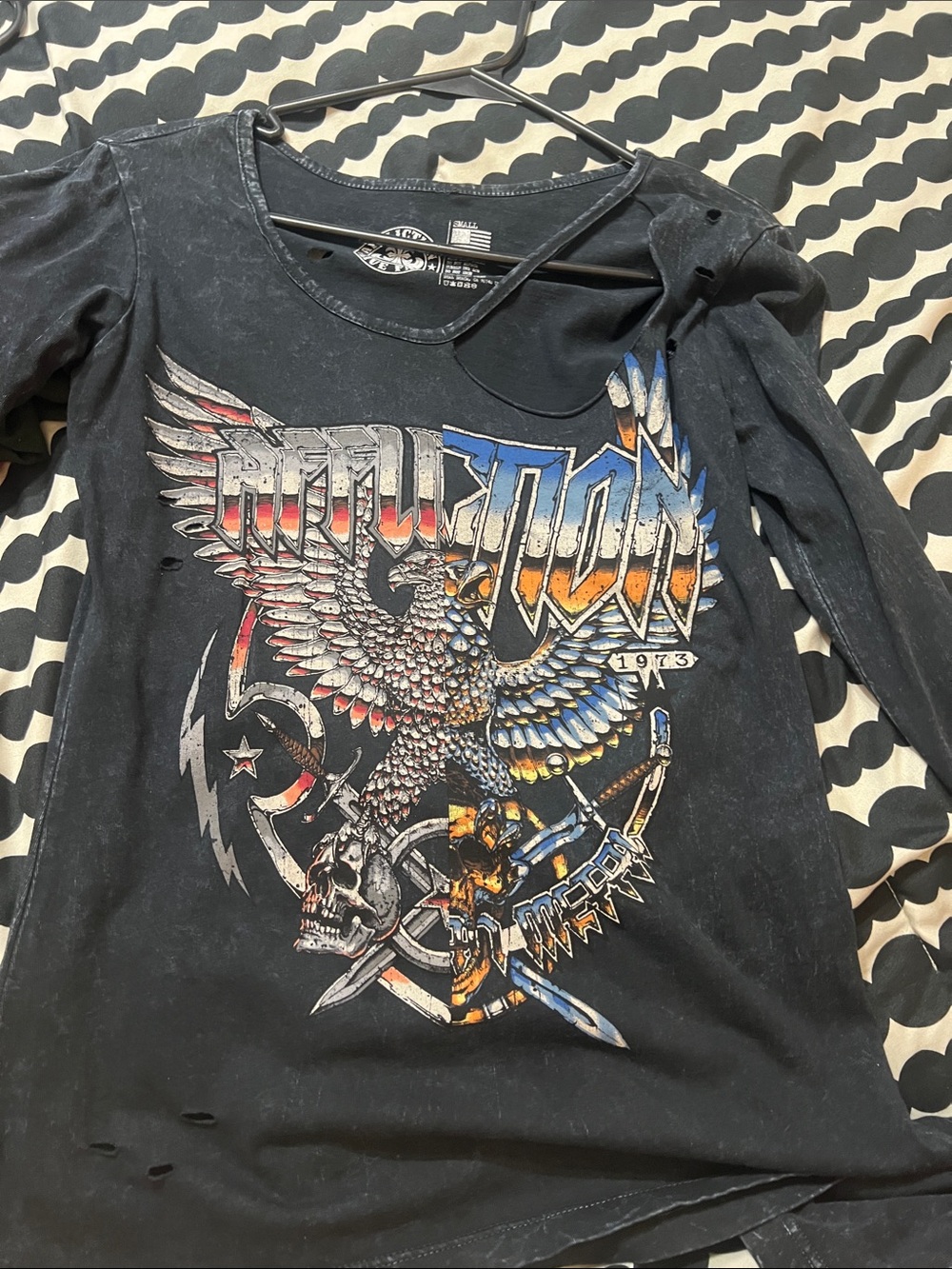 Affliction Black Long-Sleeve Graphic Eagle Tee with Red, Blue & Orange Accents